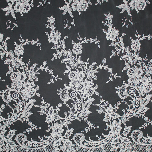 Bridal Rebrodé Embroidered Tulle with Floral Sprays, Paisley Motif, and Double Scalloped Border | TRW1608