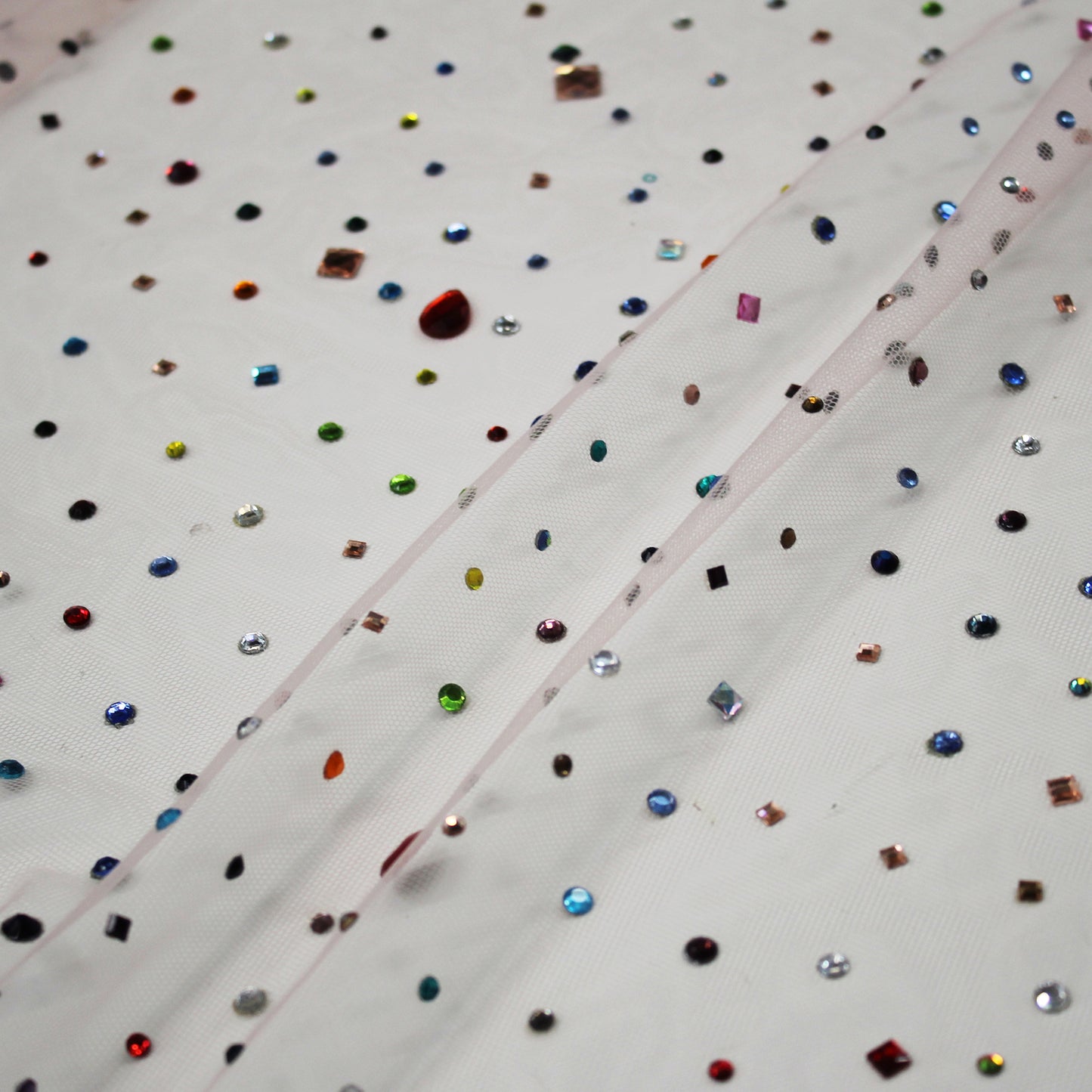 Pink Embroidered Tulle with Multicolored and Multifaceted Stones