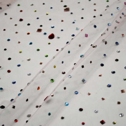 Pink Embroidered Tulle with Multicolored and Multifaceted Stones
