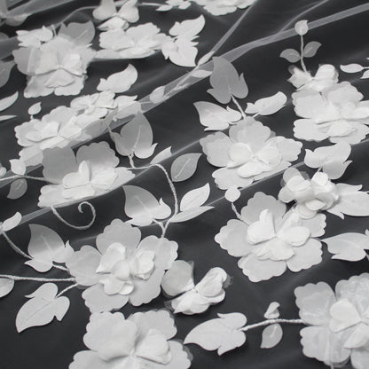 Embroidered Tulle with 3D Organza Roses and Leaves