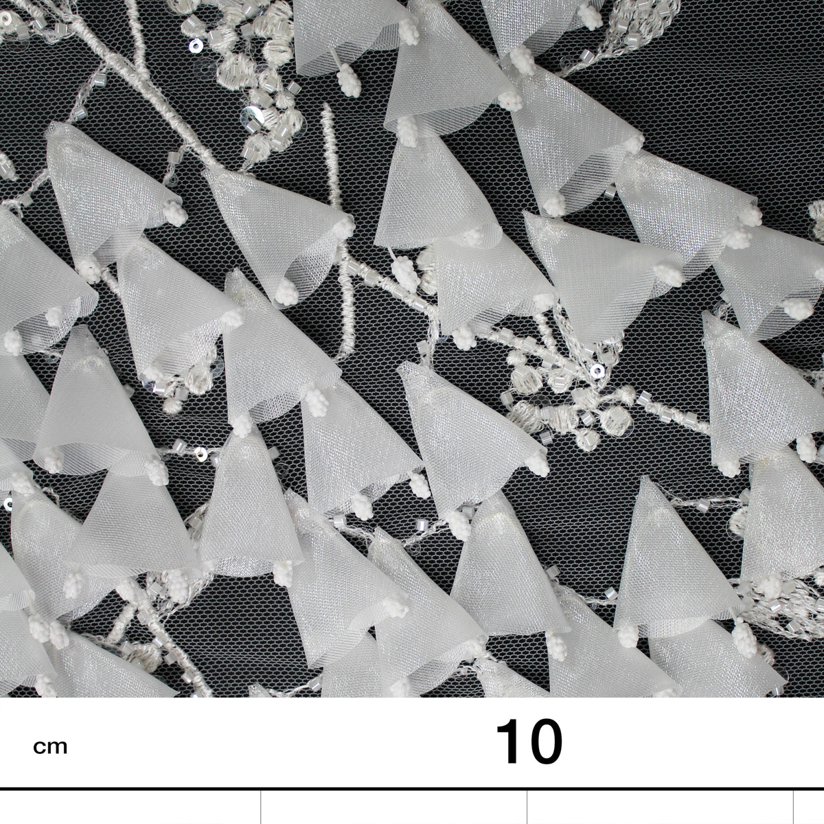 Haute Couture Tulle | Bridal 3D Thread Embroidered Tulle with Seed Beads, Sequins & Abstract Cone Flowers | TRW4288