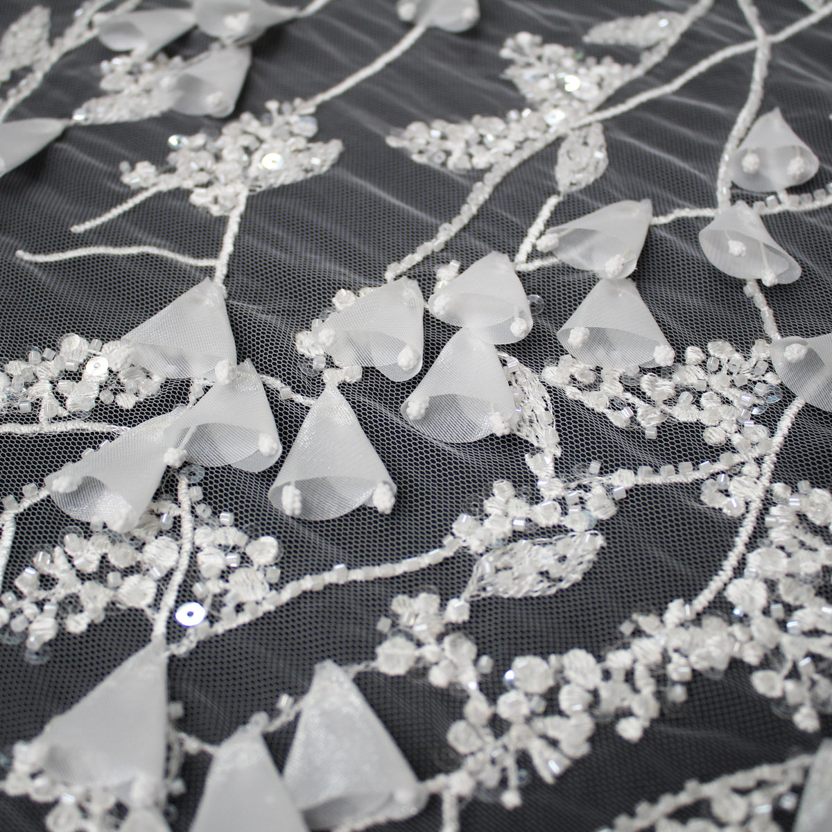 Haute Couture Tulle | Bridal 3D Thread Embroidered Tulle with Seed Beads, Sequins & Abstract Cone Flowers | TRW4288