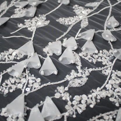 Haute Couture Tulle | Bridal 3D Thread Embroidered Tulle with Seed Beads, Sequins & Abstract Cone Flowers | TRW4288