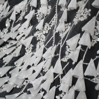 Haute Couture Tulle | Bridal 3D Thread Embroidered Tulle with Seed Beads, Sequins & Abstract Cone Flowers | TRW4288