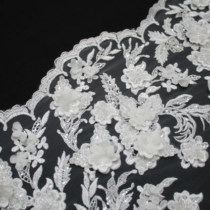 Tulle Alta Moda | Tulle Ricamato Sposa 3D a Filo e Corallini con Ramage e Tralci Floreali | TRW2926