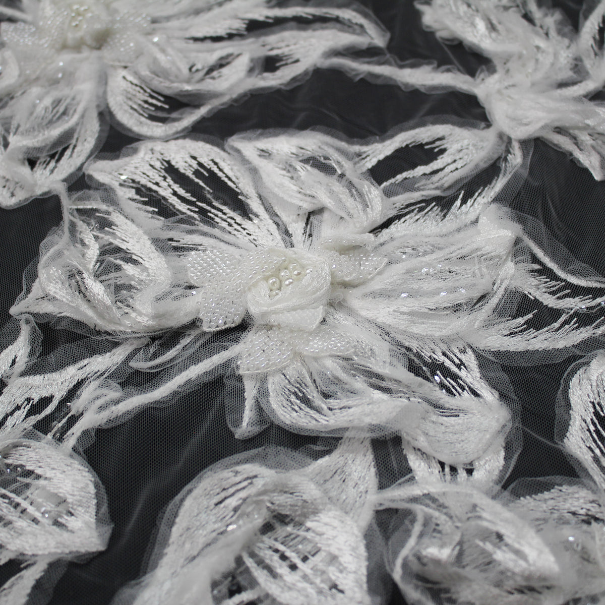 Haute Couture Tulle | Bridal 3D Thread Embroidered Tulle with Sequins, Pearls, Seed Beads & Large Floral Motifs | TRW4336