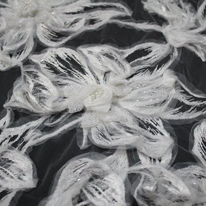 Haute Couture Tulle | Bridal 3D Thread Embroidered Tulle with Sequins, Pearls, Seed Beads & Large Floral Motifs | TRW4336