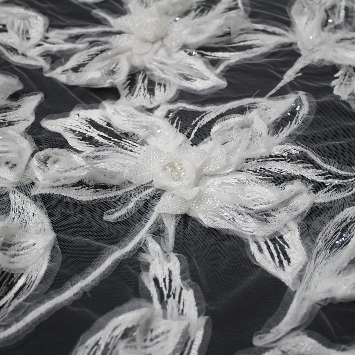 Haute Couture Tulle | Bridal 3D Thread Embroidered Tulle with Sequins, Pearls, Seed Beads & Large Floral Motifs | TRW4336