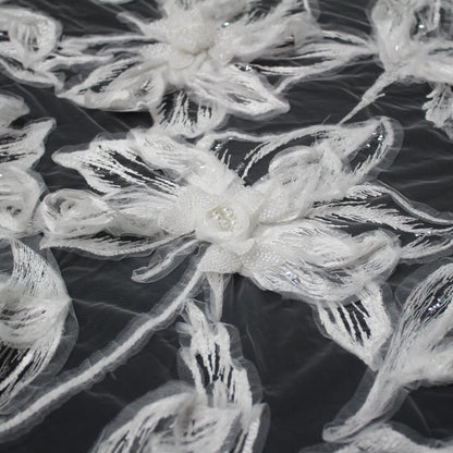 Haute Couture Tulle | Bridal 3D Thread Embroidered Tulle with Sequins, Pearls, Seed Beads & Large Floral Motifs | TRW4336