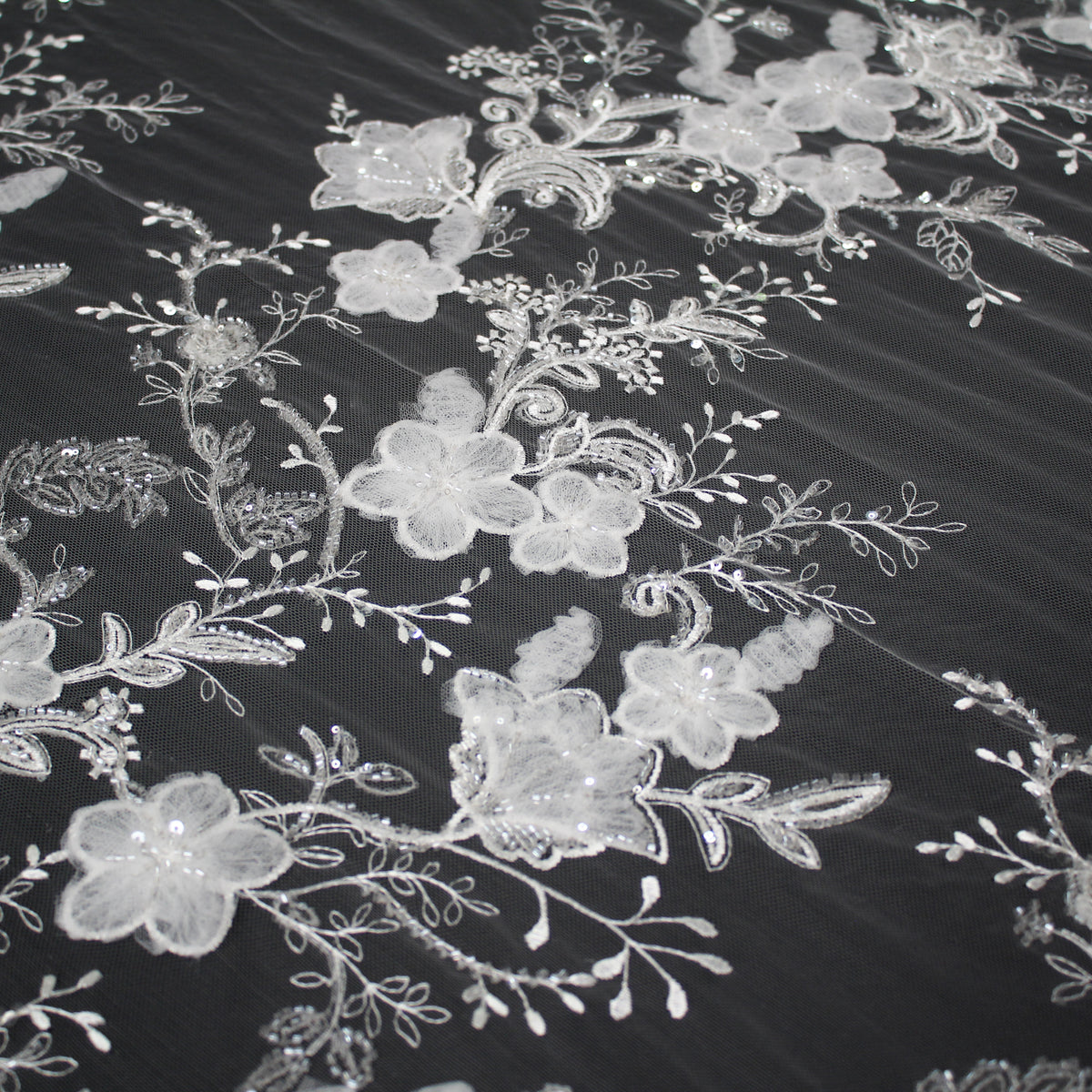 Haute Couture Tulle | Bridal 3D Embroidered Tulle with Sequins, Seed Beads & Floral Sprays with 3D Tulle Flowers | TRW4161