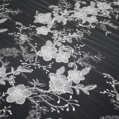 Haute Couture Tulle | Bridal 3D Embroidered Tulle with Sequins, Seed Beads & Floral Sprays with 3D Tulle Flowers | TRW4161