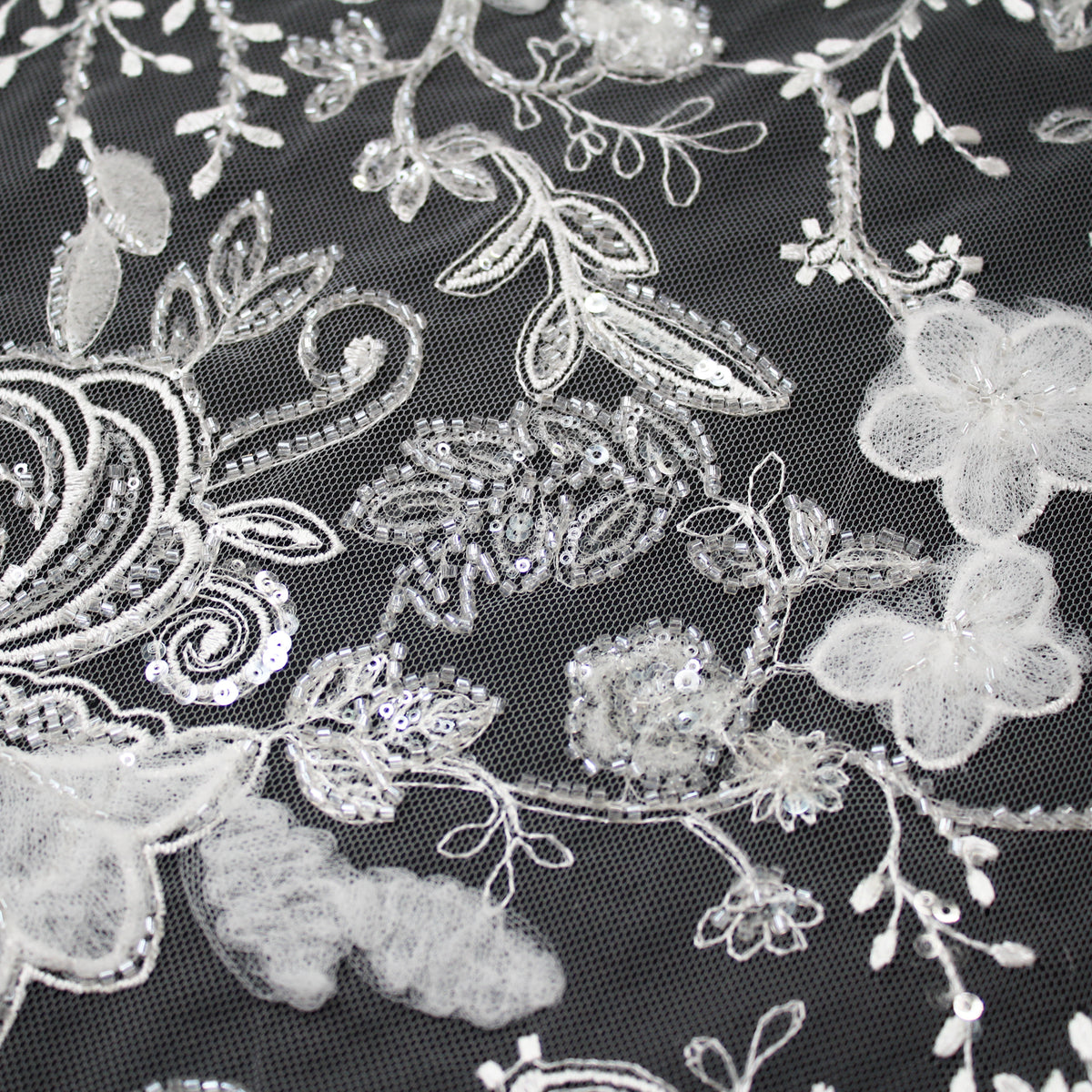 Haute Couture Tulle | Bridal 3D Embroidered Tulle with Sequins, Seed Beads & Floral Sprays with 3D Tulle Flowers | TRW4161