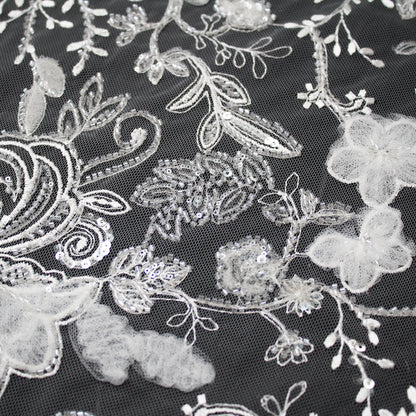 Haute Couture Tulle | Bridal 3D Embroidered Tulle with Sequins, Seed Beads & Floral Sprays with 3D Tulle Flowers | TRW4161