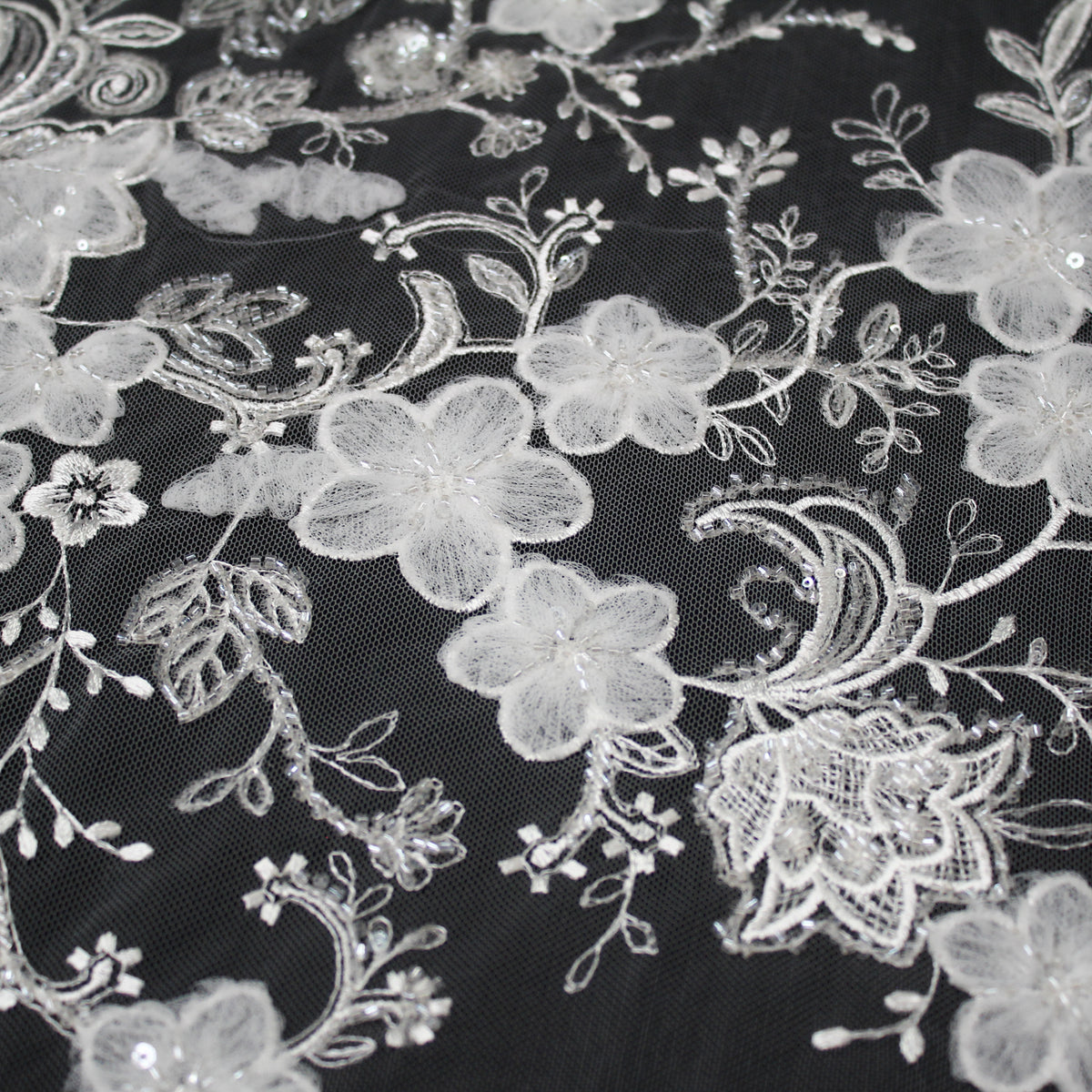 Haute Couture Tulle | Bridal 3D Embroidered Tulle with Sequins, Seed Beads & Floral Sprays with 3D Tulle Flowers | TRW4161