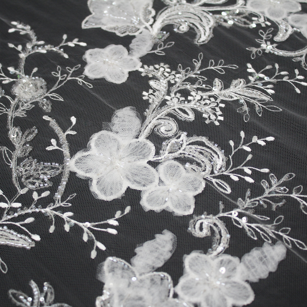 Haute Couture Tulle | Bridal 3D Embroidered Tulle with Sequins, Seed Beads & Floral Sprays with 3D Tulle Flowers | TRW4161