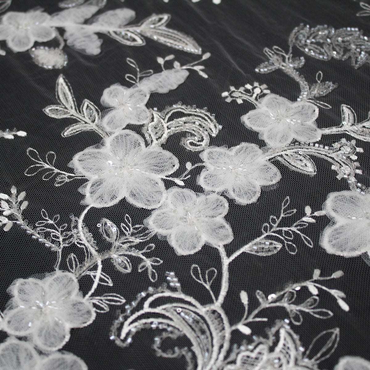 Haute Couture Tulle | Bridal 3D Embroidered Tulle with Sequins, Seed Beads & Floral Sprays with 3D Tulle Flowers | TRW4161