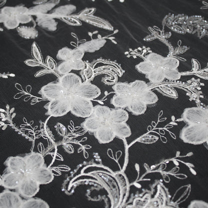 Haute Couture Tulle | Bridal 3D Embroidered Tulle with Sequins, Seed Beads & Floral Sprays with 3D Tulle Flowers | TRW4161