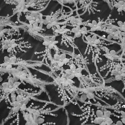 Tulle Alta Moda | Tulle Ricamato Sposa 3D con Perline, Corallini, Paillettes, Piume Sottili e Fiori Piccoli | TRW4132