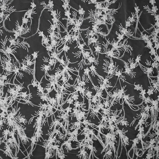 Haute Couture Tulle | Bridal 3D Embroidered Tulle with Pearls, Seed Beads, Sequins, Fine Feathers & Small Floral Sprays | TRW4132