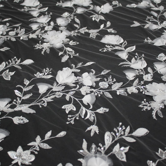 Haute Couture Tulle | Bridal 3D Embroidered Tulle with Pearls, Sequins, Seed Beads & Floral Sprays | TRW3900