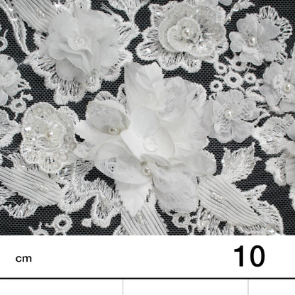 Tulle Alta Moda | Tulle Ricamato Sposa con Bande Orizzontali di Ramage Floreale, Fiori 3D e Perline | TRW2847