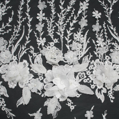 Tulle Alta Moda | Tulle Ricamato Sposa con Bande Orizzontali di Ramage Floreale, Fiori 3D e Perline | TRW2847