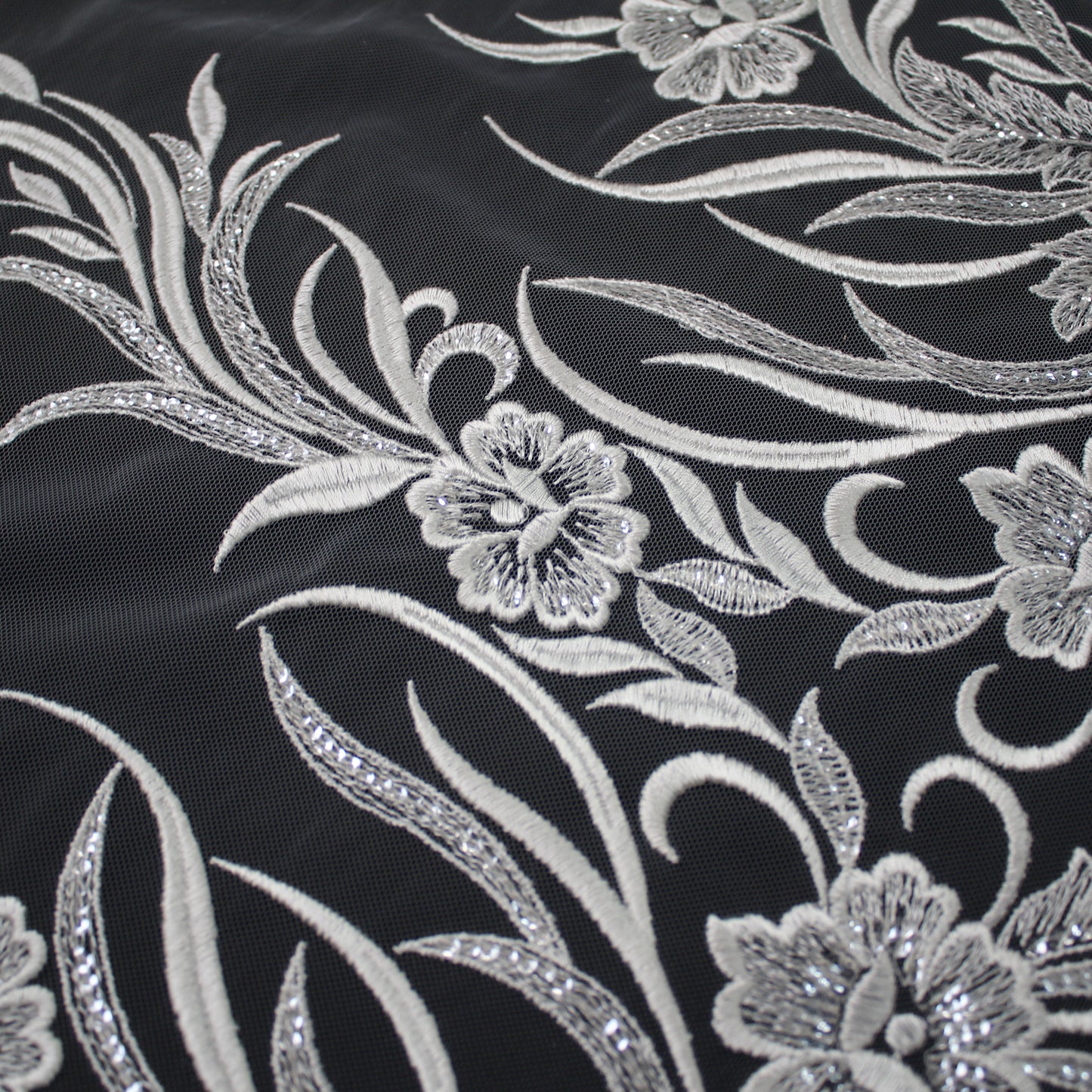Haute Couture Tulle | Bridal Single Border Thread Embroidered Tulle with Clear Sequins, Arabesques & Flowers | TRW3195