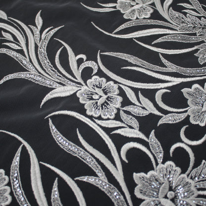 Haute Couture Tulle | Bridal Single Border Thread Embroidered Tulle with Clear Sequins, Arabesques & Flowers | TRW3195