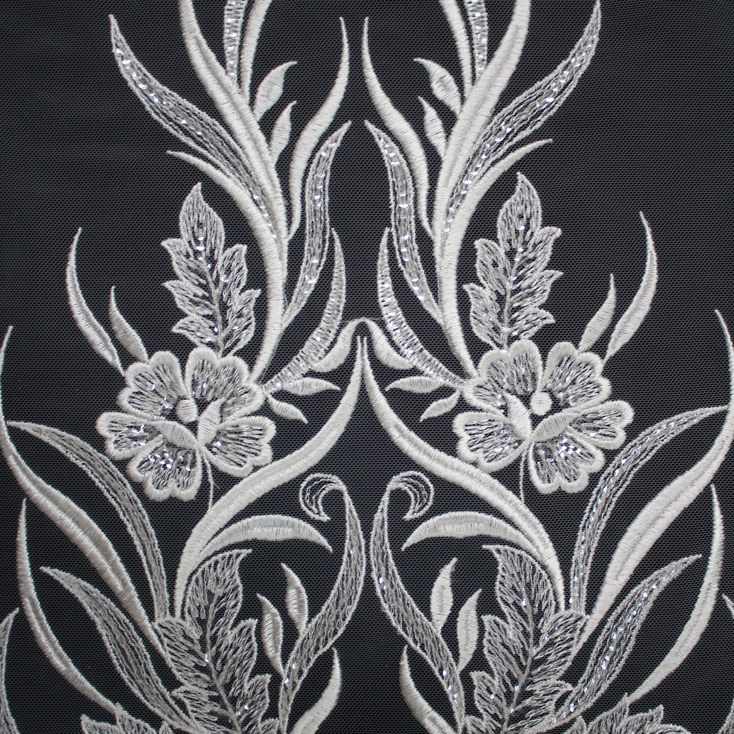 Haute Couture Tulle | Bridal Single Border Thread Embroidered Tulle with Clear Sequins, Arabesques & Flowers | TRW3195
