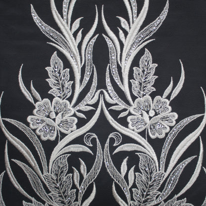 Haute Couture Tulle | Bridal Single Border Thread Embroidered Tulle with Clear Sequins, Arabesques & Flowers | TRW3195