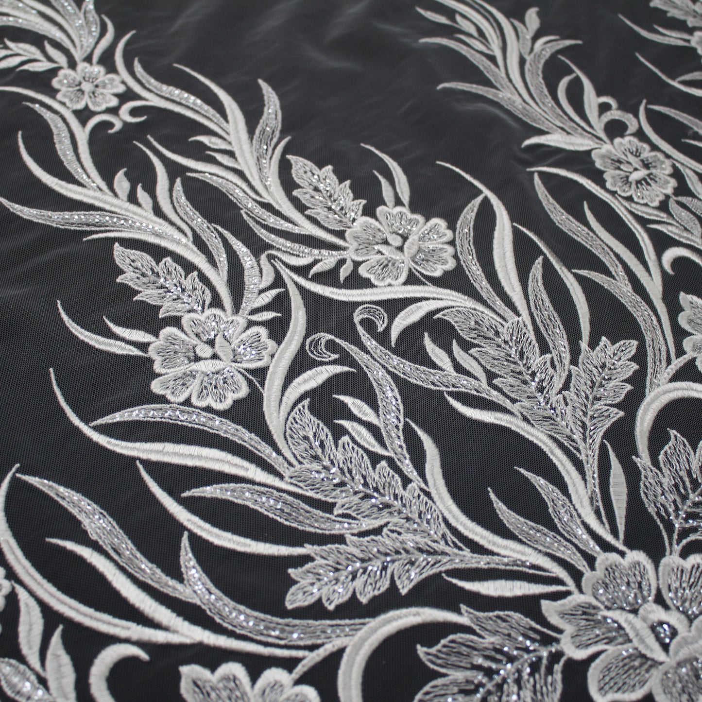 Haute Couture Tulle | Bridal Single Border Thread Embroidered Tulle with Clear Sequins, Arabesques & Flowers | TRW3195