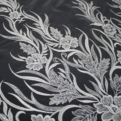 Haute Couture Tulle | Bridal Single Border Thread Embroidered Tulle with Clear Sequins, Arabesques & Flowers | TRW3195