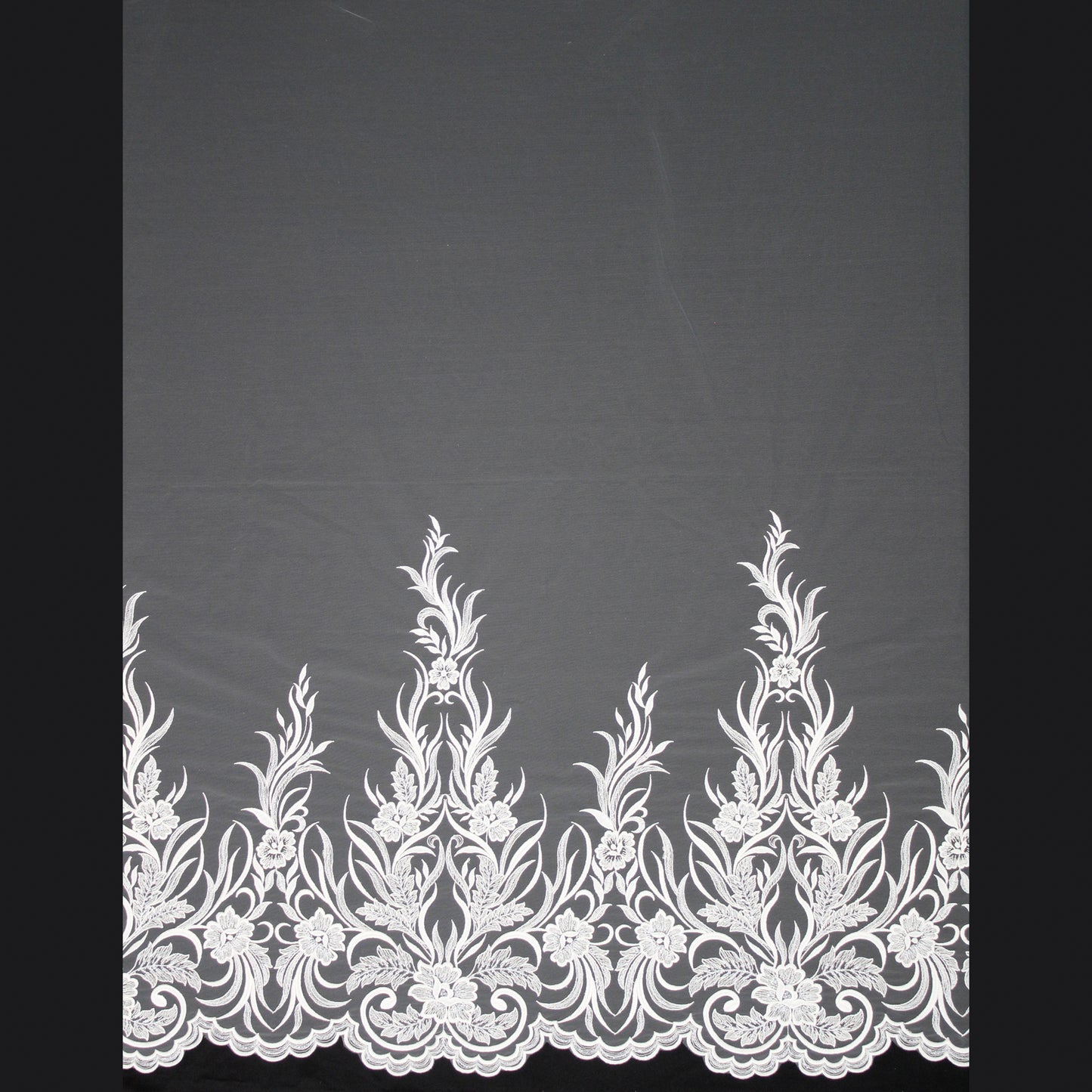 Haute Couture Tulle | Bridal Single Border Thread Embroidered Tulle with Clear Sequins, Arabesques & Flowers | TRW3195