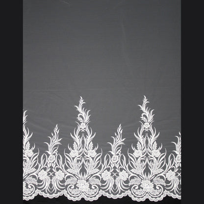Haute Couture Tulle | Bridal Single Border Thread Embroidered Tulle with Clear Sequins, Arabesques & Flowers | TRW3195