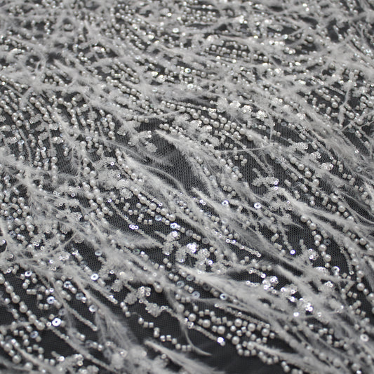 Haute Couture Tulle | All-Over Embroidered Tulle with Pearls, Sequins, Seed Beads, Fine Feathers & Arabesque Motifs | TRW3925