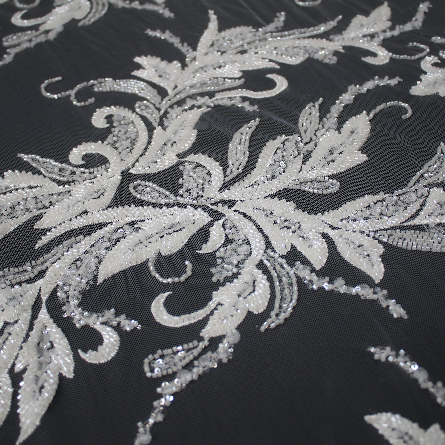Haute Couture Tulle | Bridal Embroidered Tulle with Seed Beads, Sequins, Arabesque Motifs & Leaf Sprays | TRW3657