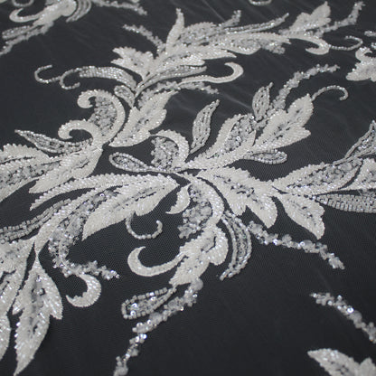 Haute Couture Tulle | Bridal Embroidered Tulle with Seed Beads, Sequins, Arabesque Motifs & Leaf Sprays | TRW3657
