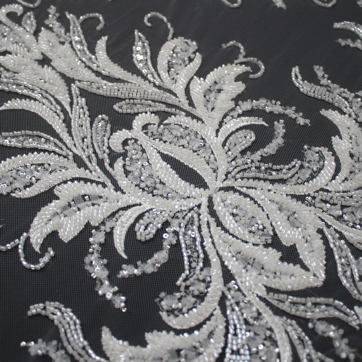 Haute Couture Tulle | Bridal Embroidered Tulle with Seed Beads, Sequins, Arabesque Motifs & Leaf Sprays | TRW3657