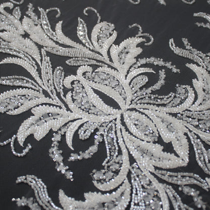 Haute Couture Tulle | Bridal Embroidered Tulle with Seed Beads, Sequins, Arabesque Motifs & Leaf Sprays | TRW3657