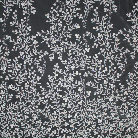Haute Couture Tulle | Bridal Thread Embroidered Tulle with Pearls, Seed Beads & Small Leaf Sprays | TRW4216