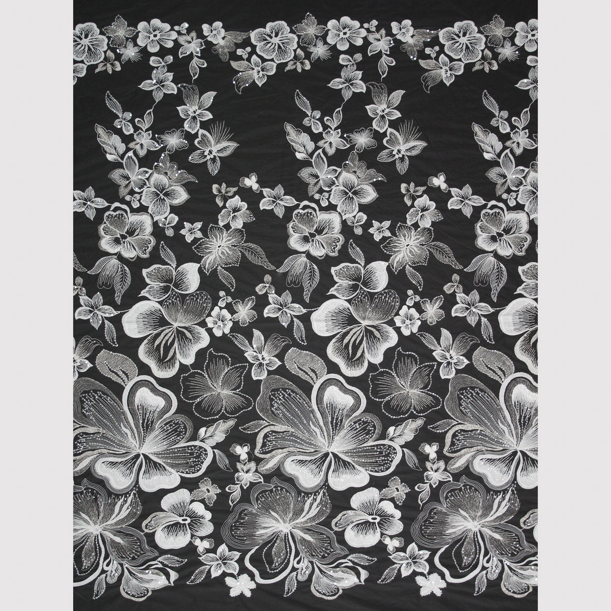 Haute Couture Tulle | Bridal Thread Embroidered Tulle with Silver Lurex Accents & Large Floral Sprays | TRW4093
