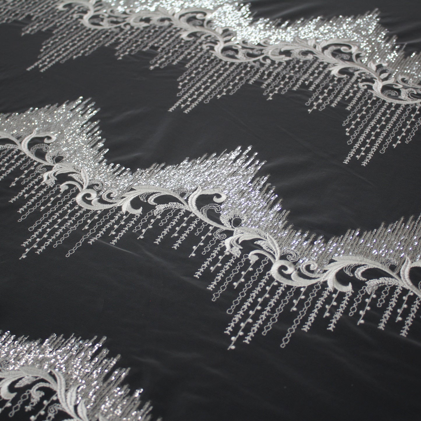 Haute Couture Tulle | Bridal Thread Embroidered Tulle with Silver Sequins, Abstract Zigzag Vine Dégradé | TRW2711