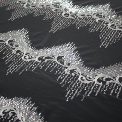 Haute Couture Tulle | Bridal Thread Embroidered Tulle with Silver Sequins, Abstract Zigzag Vine Dégradé | TRW2711