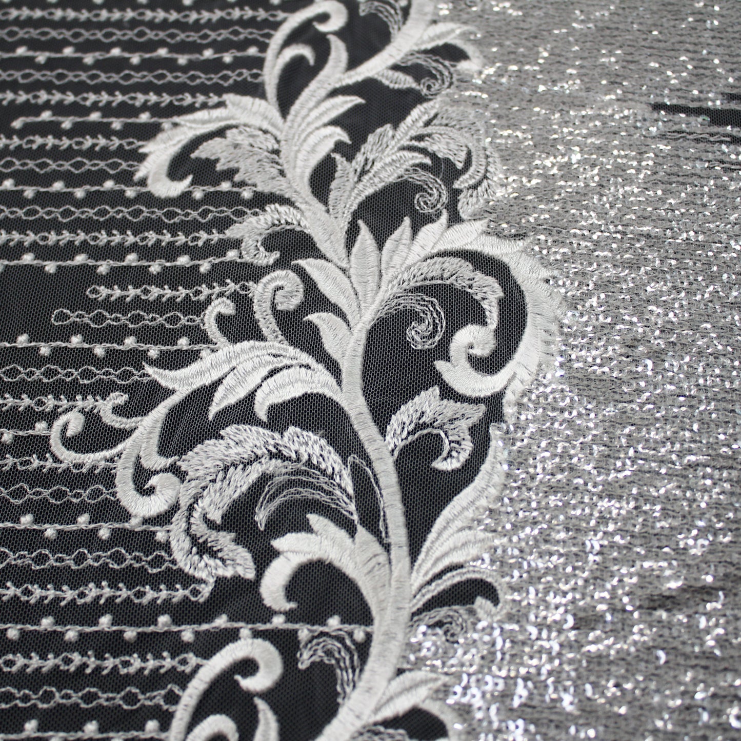 Haute Couture Tulle | Bridal Thread Embroidered Tulle with Silver Sequins, Abstract Zigzag Vine Dégradé | TRW2711