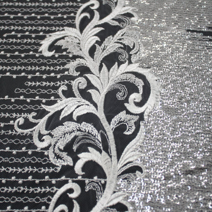 Haute Couture Tulle | Bridal Thread Embroidered Tulle with Silver Sequins, Abstract Zigzag Vine Dégradé | TRW2711
