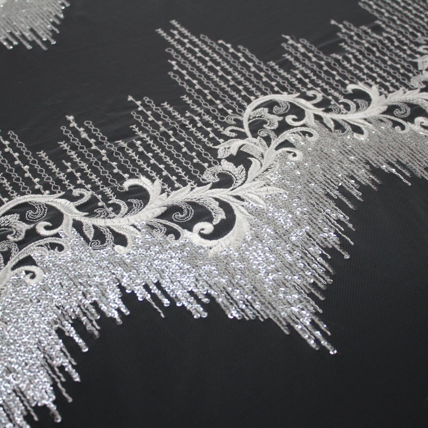 Haute Couture Tulle | Bridal Thread Embroidered Tulle with Silver Sequins, Abstract Zigzag Vine Dégradé | TRW2711