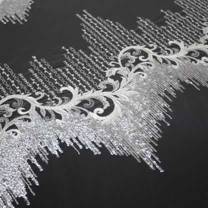 Haute Couture Tulle | Bridal Thread Embroidered Tulle with Silver Sequins, Abstract Zigzag Vine Dégradé | TRW2711