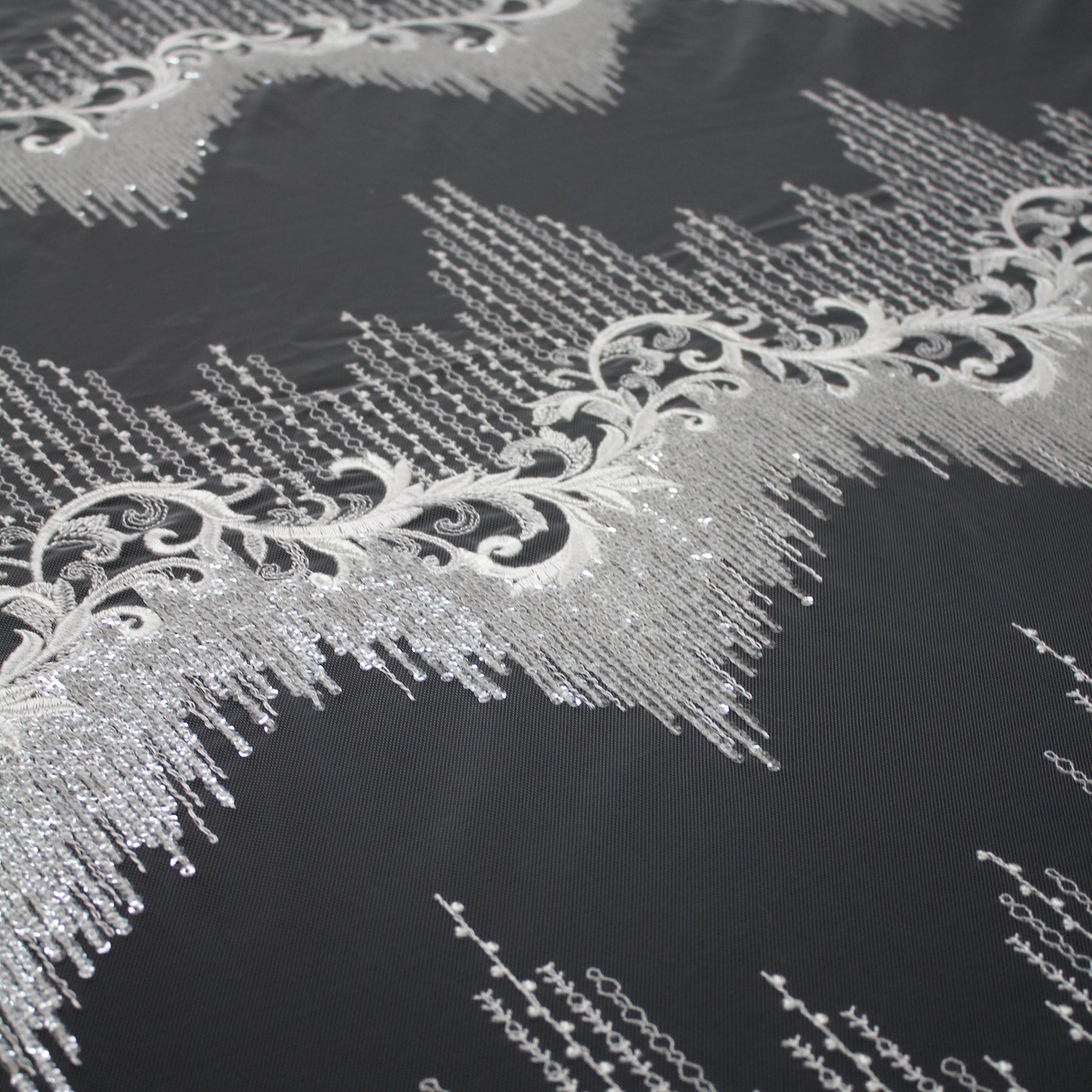 Haute Couture Tulle | Bridal Thread Embroidered Tulle with Silver Sequins, Abstract Zigzag Vine Dégradé | TRW2711
