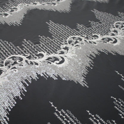Haute Couture Tulle | Bridal Thread Embroidered Tulle with Silver Sequins, Abstract Zigzag Vine Dégradé | TRW2711