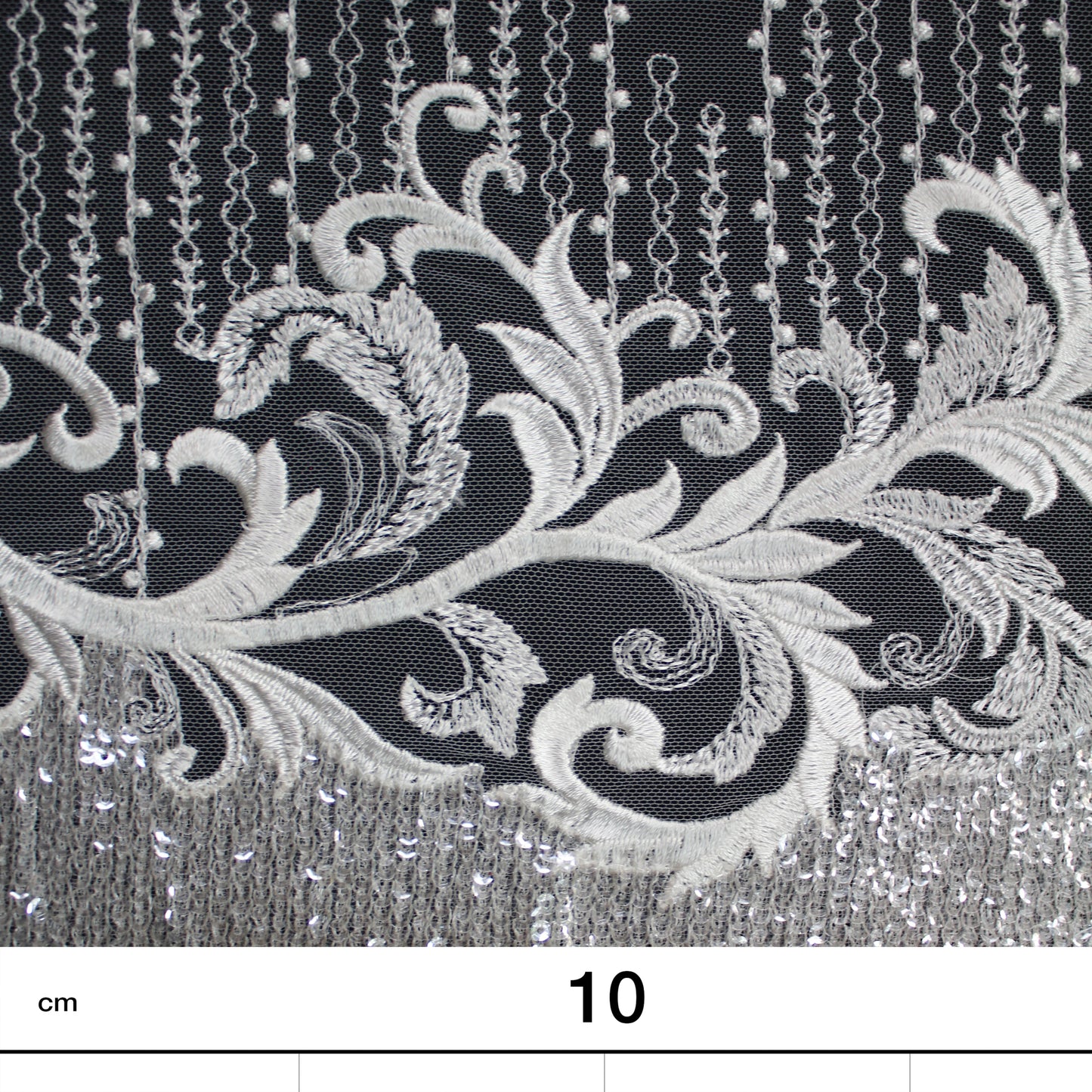 Haute Couture Tulle | Bridal Thread Embroidered Tulle with Silver Sequins, Abstract Zigzag Vine Dégradé | TRW2711